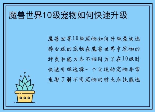 魔兽世界10级宠物如何快速升级